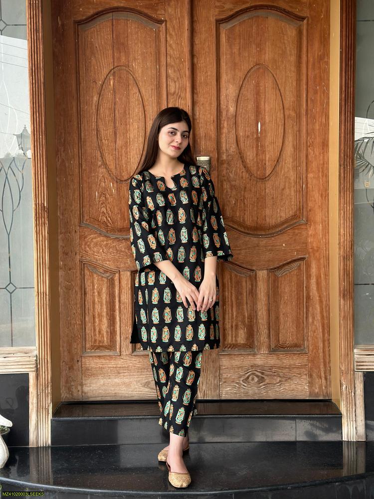 2 Pcs Women's Stitched Arabic Lawn Block Printed Shirt and Trouser