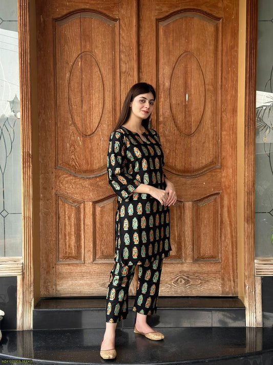 2 Pcs Women's Stitched Arabic Lawn Block Printed Shirt and Trouser